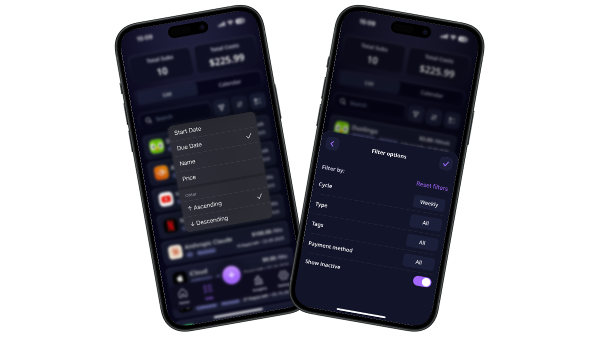 Sort options by date, name, and price alongside filter options for cycle, type, tags, and payment method
