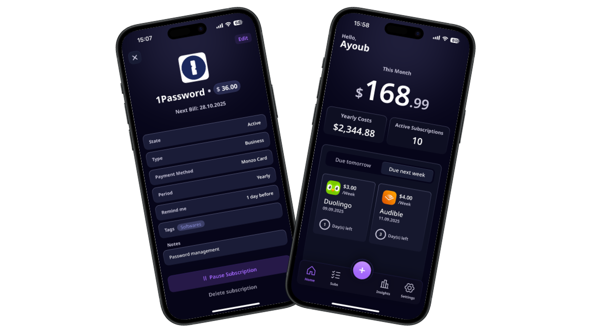 Nexpend app showing subscription dashboard with monthly spending overview