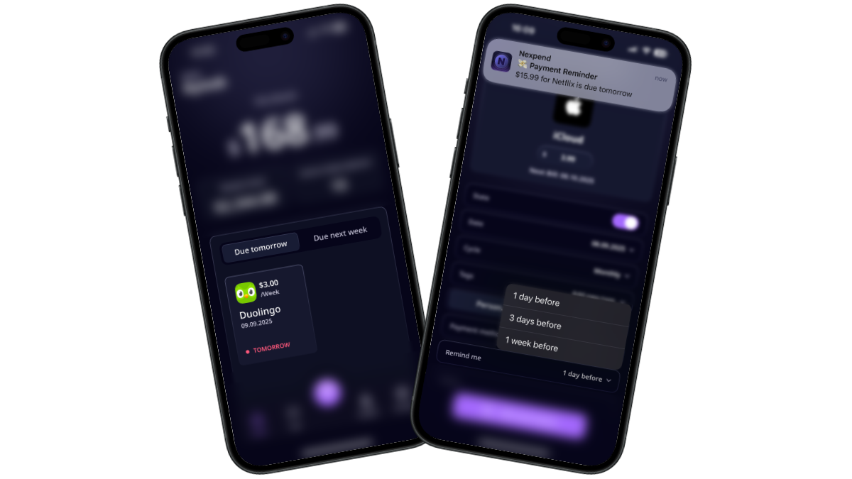 Due tomorrow tab showing upcoming Duolingo payment and push notification for Netflix renewal